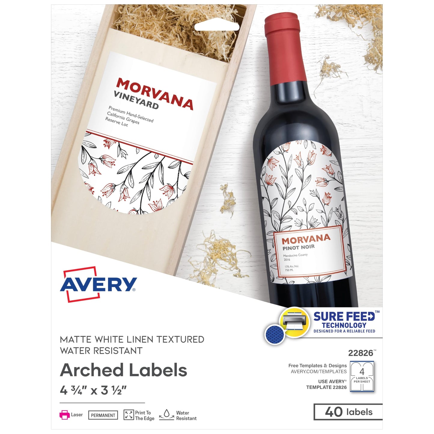 Avery Arched Wine Labels, Sure Feed Technology for Laser Printers, 4.75" x 3.5", 40 White Labels (22826)