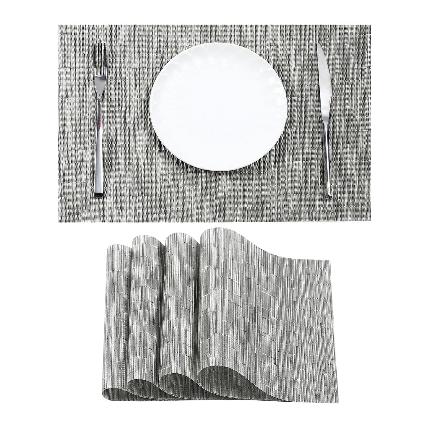 Leetaltree Silver Placemats Set of 4 - Heat Resistant Non-Slip Place mats for Dining Table, Washable Durable PVC Vinyl Woven Table Mats（Silver, 4）