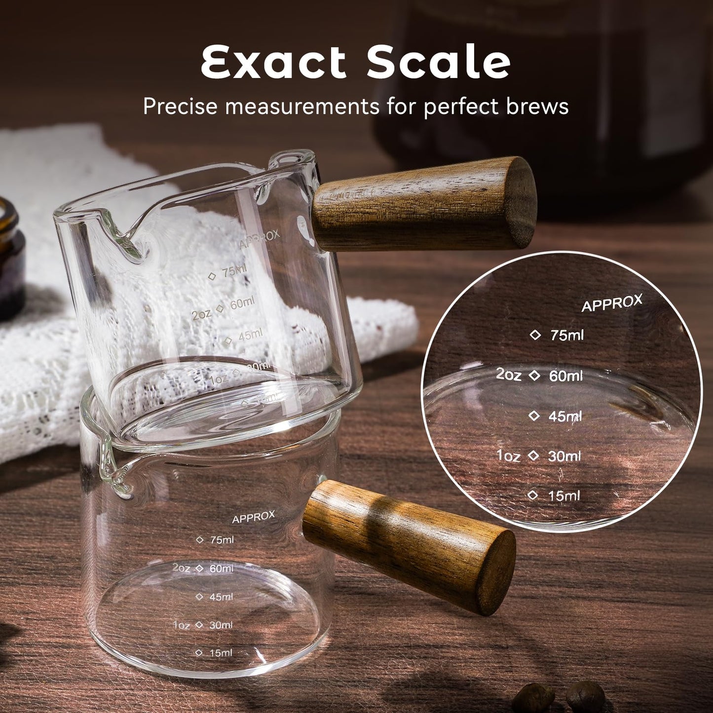 QWACVRTM 2 Pack Espresso Shot Cups Measuring cups, Wooden Handle V-Shaped Double Spout Espresso Shot Glass, Coffee Bar Essentials, coffee accessories