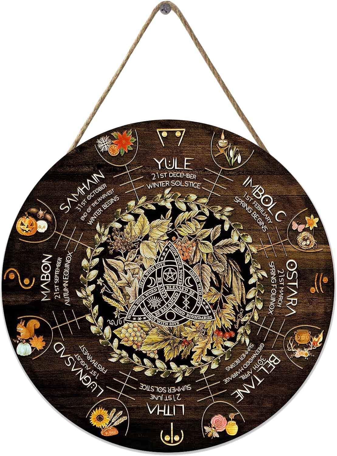 Wheel Year Wood Sign - Sabbats Pagan Witch Decor | Wiccan Calendar for Yule & Halloween | 12x12 Inch