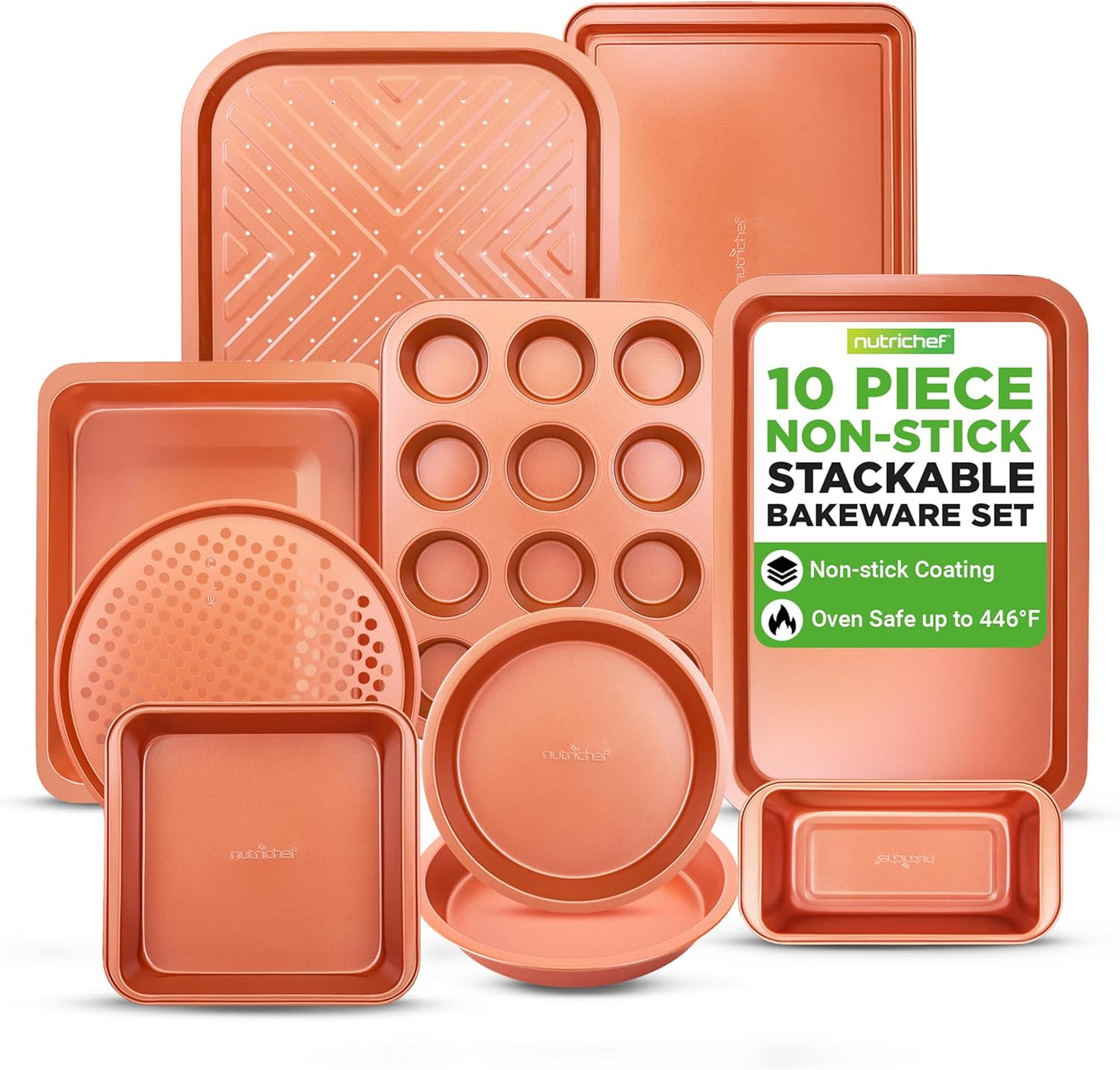 NutriChef 10-Piece Baking Pans Set | Deluxe Non-Stick Carbon Steel Bakeware, Dishwasher Safe, Gray Finish