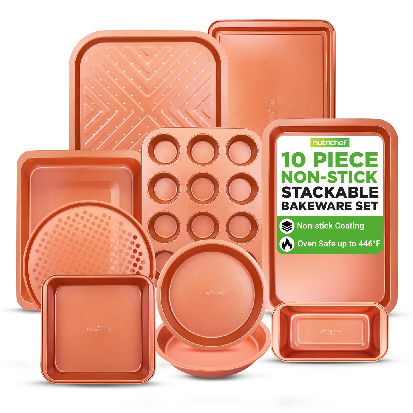 NutriChef 10-Piece Oven Baking Pans Set - Deluxe Carbon Steel Bakeware Set with Non-stick Gray Coating Inside and Out, Dishwasher Safe & PFOA, PFOS, PTFE Free