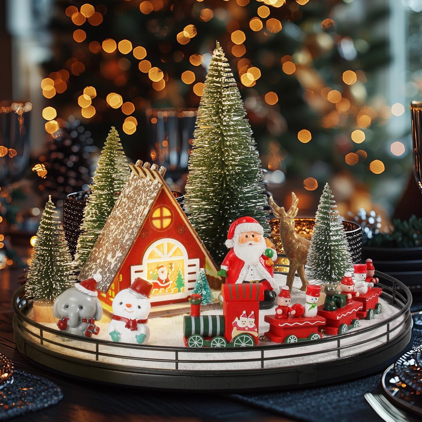 Oroyutor Christmas Village Set - 12 Pcs 13" Oak Wooden Lazy Susan with Santa Train & Trees | Holiday Decor