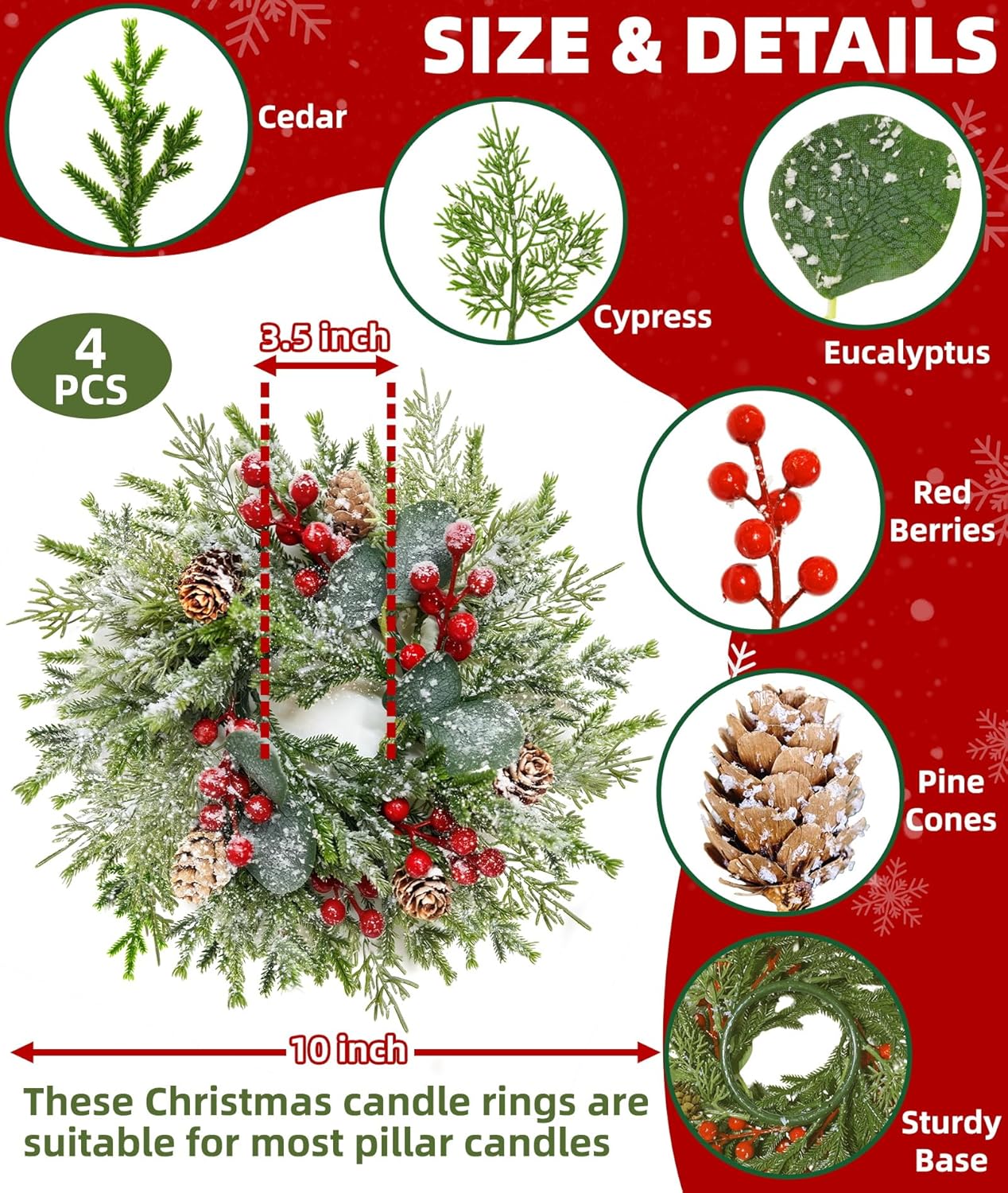 Skiennix Flocked Christmas Candle Rings - Mini Wreaths with Snowy Pinecones & Red Berries | 10"x3.5" Centerpiece Decor