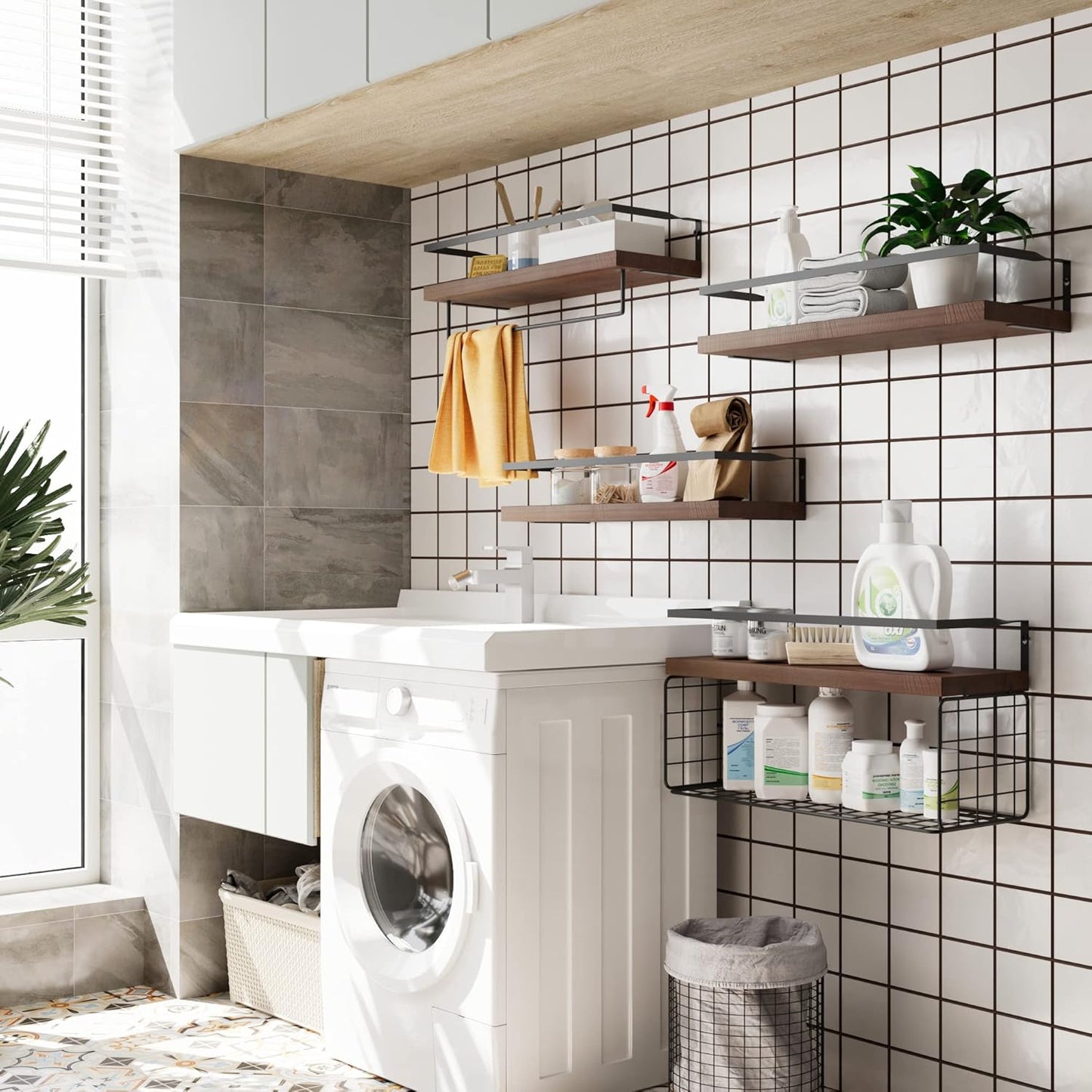 Wood Floating Shelves - Rustic 4-Tier Wall-Mounted Bathroom Shelves with Wire Basket & Towel Bar