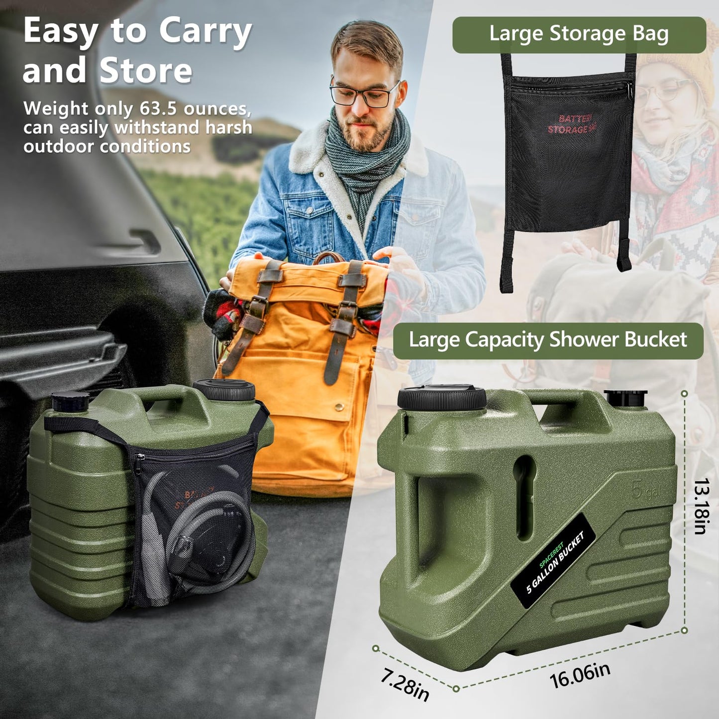 SPACEREST Portable Shower for Camping with Integrated Design – Spill-Resistant, Electric Camping Shower, 5-Gallon Food-Grade Water Jug for Outdoor, Beach, Hiking, Dog Wash, 2 Batteries