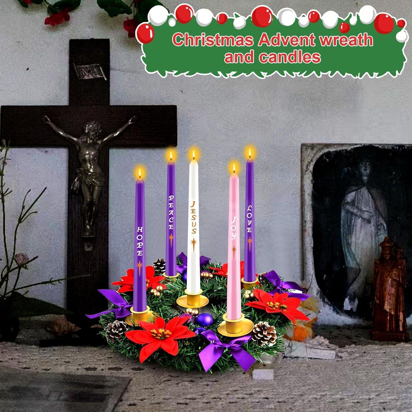Skiennix 12-Inch Christmas Advent Wreath - 5 Candle Holder Set with Fire Retardant Metal Cups for Indoor Decor