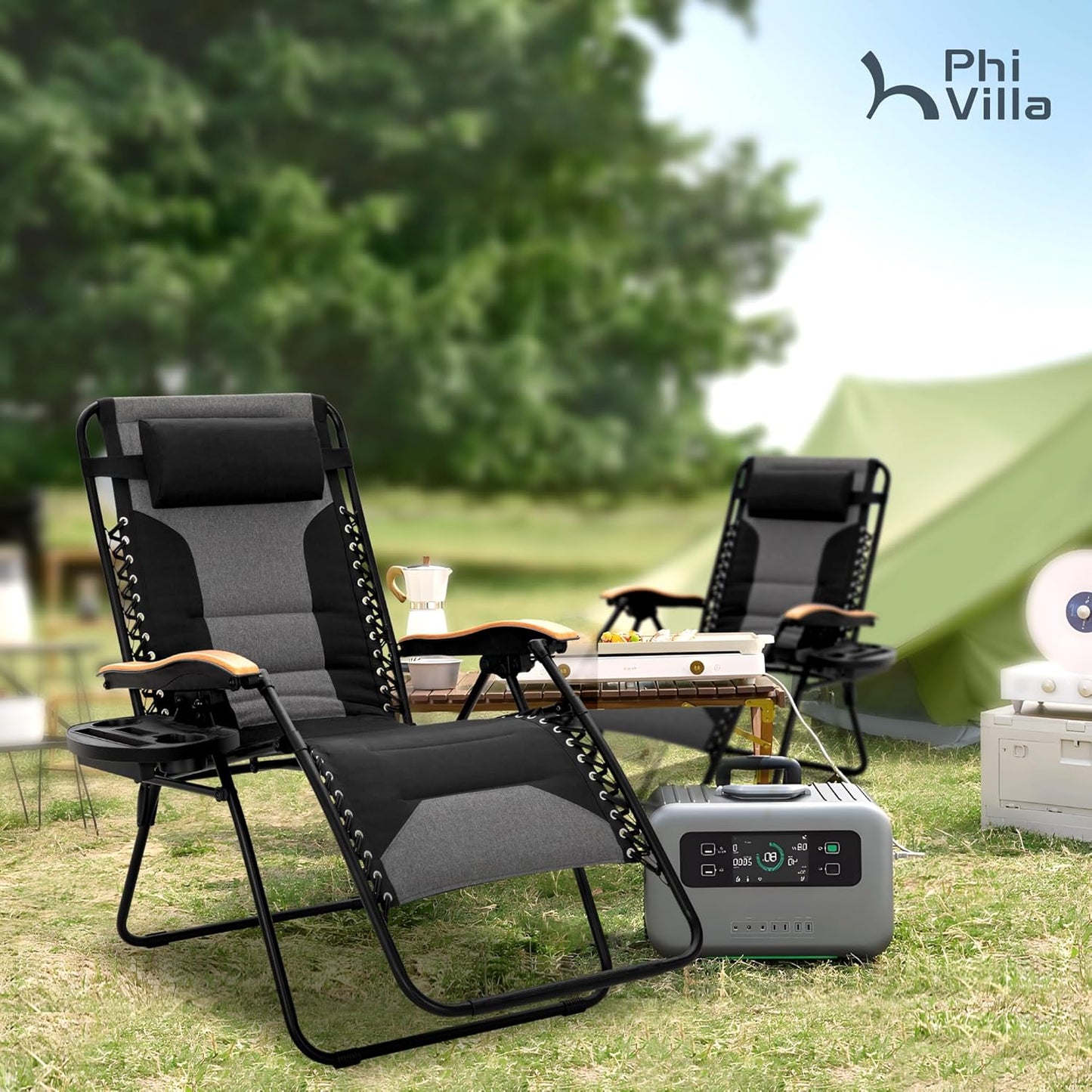 PHI VILLA XXL Oversized Padded Zero Gravity Chair - Foldable Patio Recliner with Cup Holder | Supports 400 LBS (Black)