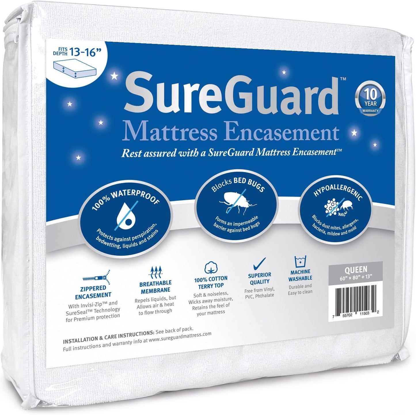 SureGuard Queen Mattress Encasement - 100% Waterproof, Bed Bug Proof & Hypoallergenic | Deep 13-16 in. Cover
