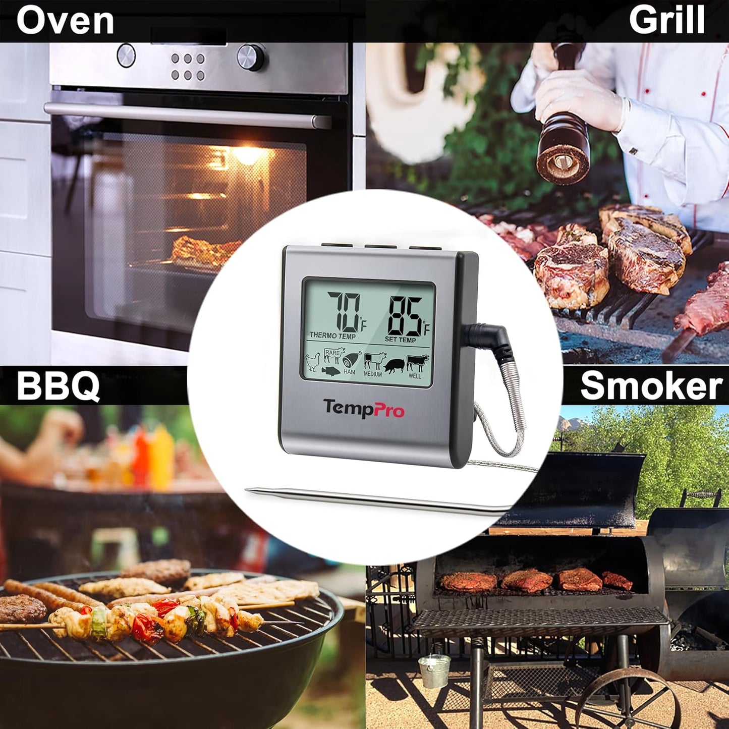 TempPro TP16 Large LCD Digital Cooking Thermometer - Stainless Steel Probe for BBQ & Oven Use