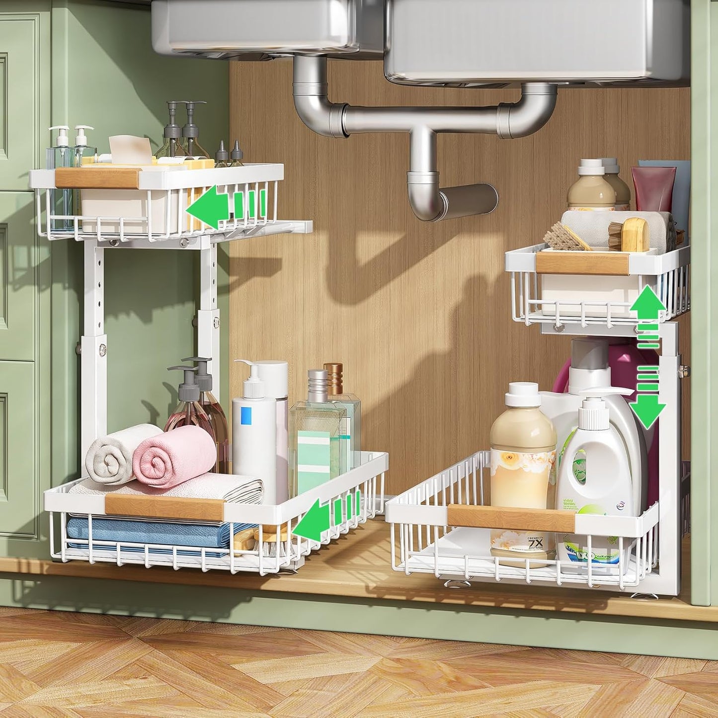 Kitstorack Under Sink Organizer - 2-Tier Metal Sliding Drawer for Kitchen & Bathroom Storage | White, 2 Pack