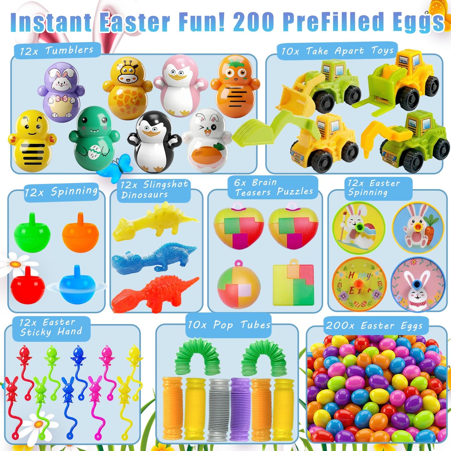 SQZUWIT 200 Pcs Prefilled Easter Eggs Filled with Toys Inside for Kids Boys Girls Pre-filled Easter Hunt Basket Stuffers Essentials Fillers Party Favors Classroom Prize Supplies