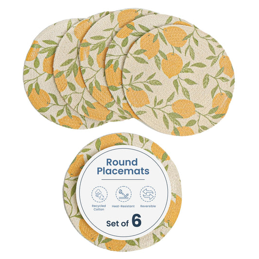 The Fine Living Co. Lemon Printed Braided Cotton Placemats (Set of 6, 13.5 Inches), Washable Anti-Slip Heat Resistant Mats, Boho Woven Round Table Mats for Table Decor, Kitchen and Dining