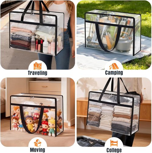 Clear Under Bed Storage Containers - 4 Pack Large Capacity Clothing Organizer Totes with Lid & Handles | Foldable Bags (60L)