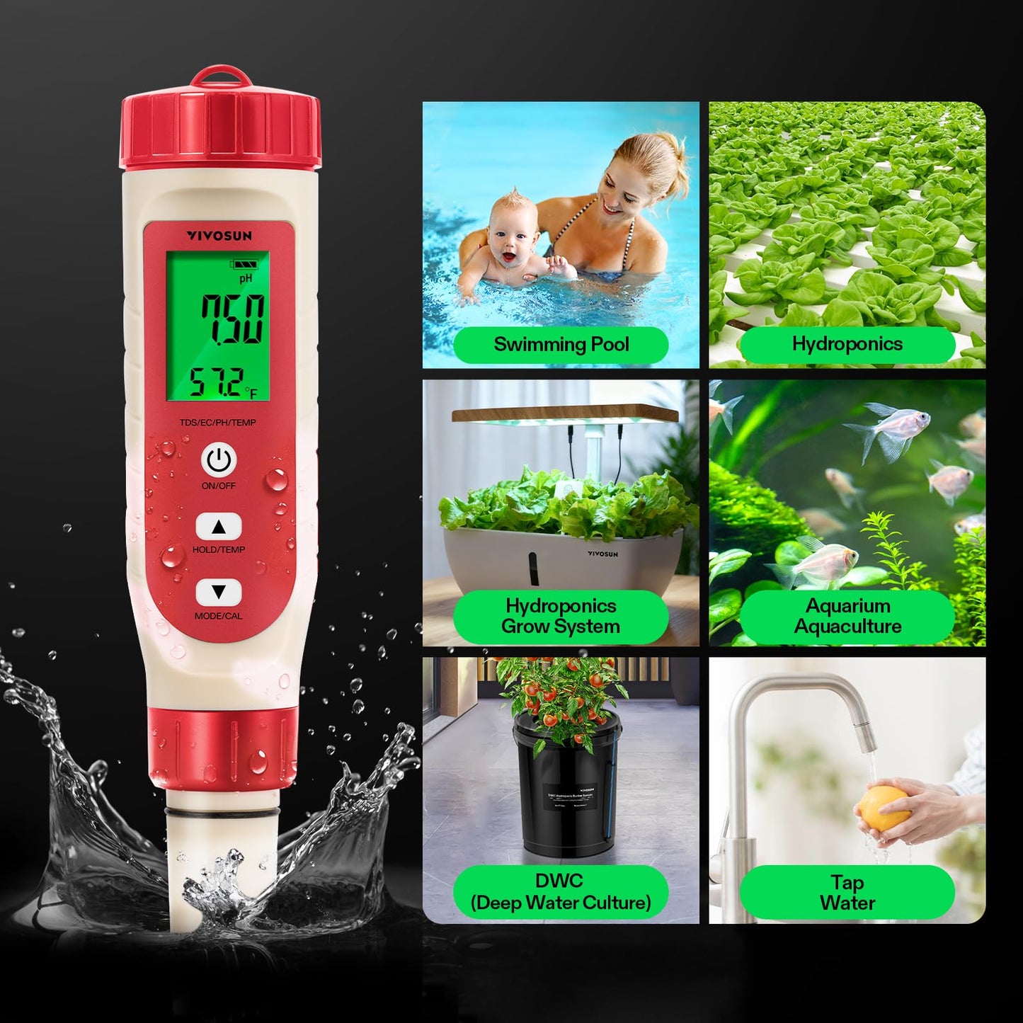 VIVOSUN 4-in-1 Digital pH Meter with pH/TDS/EC/Temp Function, 0-14.0 pH Measurement Range, ±0.1 pH Accuracy Water Quality Tester for Hydroponics, Household Drinking, and Aquarium