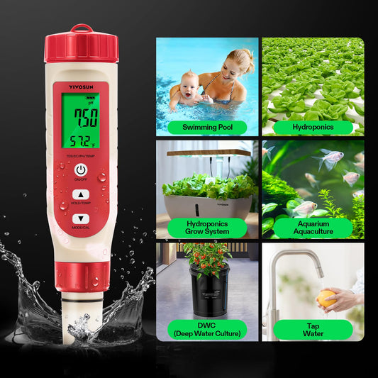 VIVOSUN 4-in-1 Digital pH Meter with pH/TDS/EC/Temp Function, 0-14.0 pH Measurement Range, ±0.1 pH Accuracy Water Quality Tester for Hydroponics, Household Drinking, and Aquarium