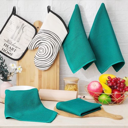 Homaxy 100% Cotton Waffle Weave Kitchen Dish Towels, Ultra Soft Absorbent Quick Drying Cleaning Towel, 13 x 28 Inches, 12-Pack, Teal