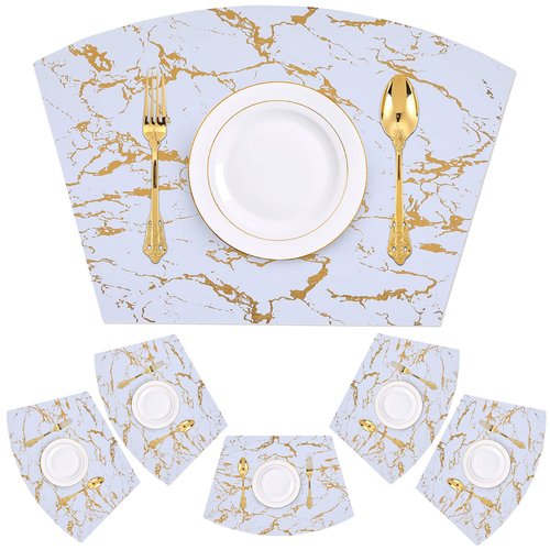 Homaxy Faux Leather Strip Woven Round Table Placemats, Set of 6 Heat Insulation Stain Resistant Non-Slip Table Mats for Kitchen Table, Washable Wipe Clean Fan Shape Wedge Place Mats, White Marble