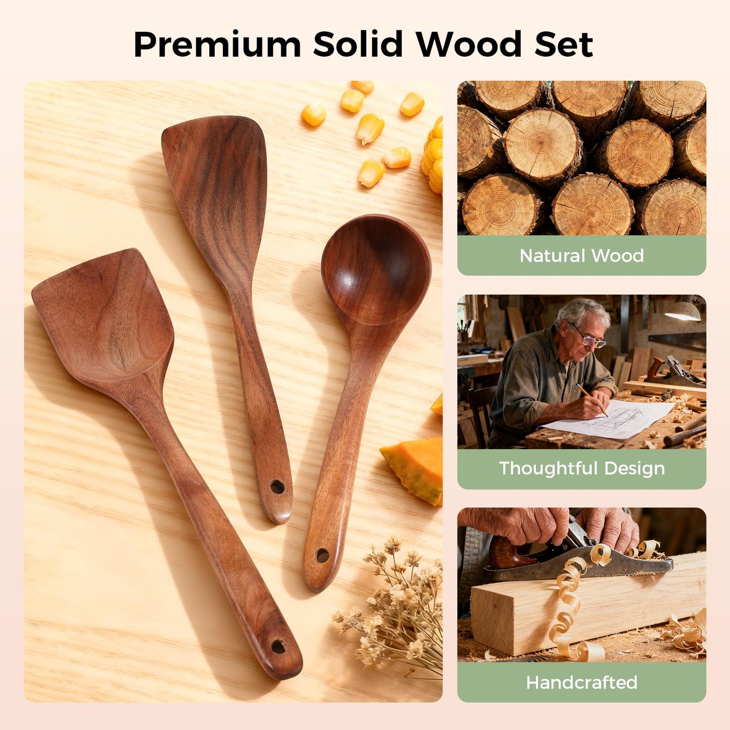 Wooden Spoons for Cooking - 7 Pieces Wooden Kitchen Utensils Set, Smooth Natural Teak Wood Utensil Set, Nonstick Heat-Resistant Cooking Utensils - Lightweight & Sturdy, Wooden Spatula for Cooking