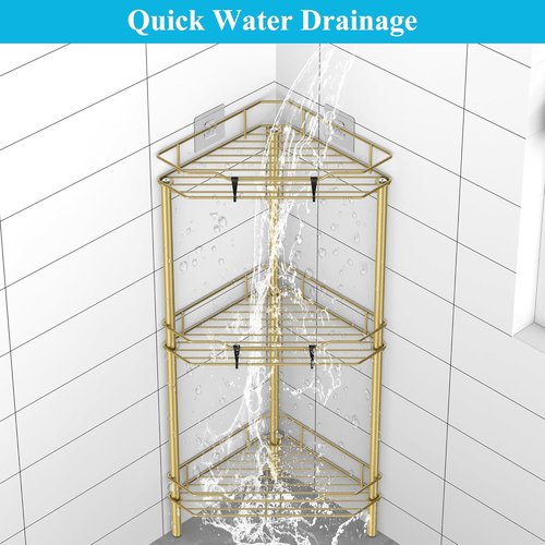 HuggieGems 3-Tier Corner Shower Caddy Organizer - Stylish Gold Bathroom Shelf with Hooks