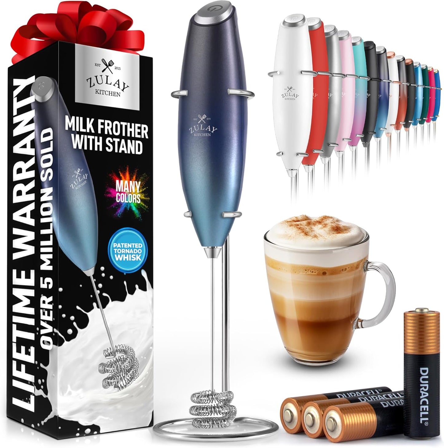 Zulay Kitchen Tornado Triple Whisk Milk Frother - Handheld Foam Maker for Coffee & Lattes - Sea Depth