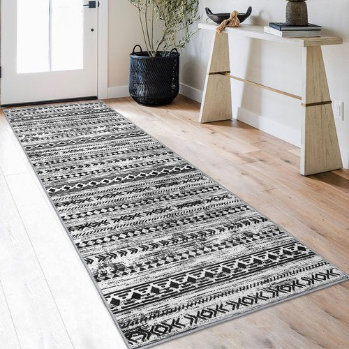 Alfasoft Moroccan Runners for Hallways 3x8, Black and White Boho Kitchen Rugs Washable Runner Rug Non-Slip Vintage Soft Print Distressed Geometric Floor Carpet Runner for Bedroom Laundry Entryway