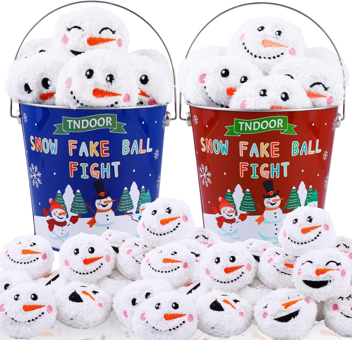 Snow Fake Balls - 2.8 Inch Smiling Snowman Face Snowballs | Metal Bucket for Indoor/Outdoor Winter Fun