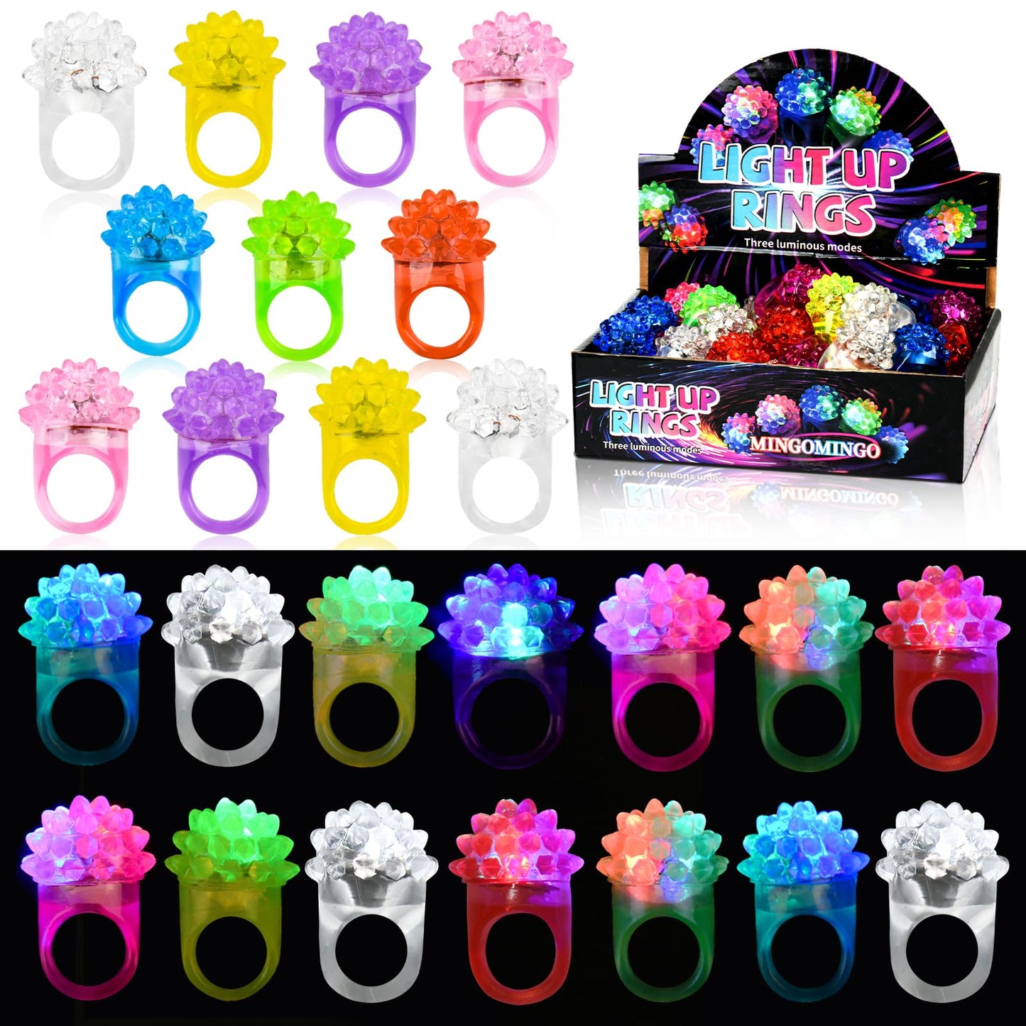 MINGOMINGO 25 Pack LED Light Up Rings & Glow Rings – Bachelorette Party Favors, Bridal Shower Favors, Graduation Favors Bulk, Classroom Prizes, 3-Mode Flashing