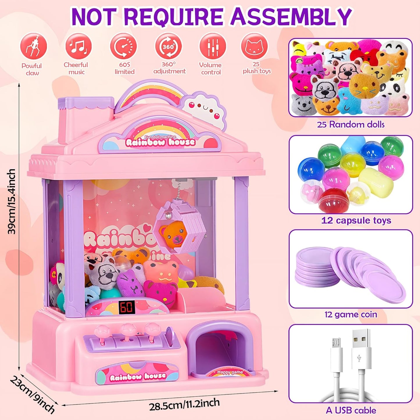Skiennix Mini Claw Machine - Electric Arcade Game Toy with LED Lights & Adjustable Sound | Pink, Perfect for Kids Ages 4-13