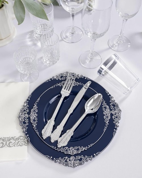 Hioasis 350pcs Blue and Silver Party Plates - Heavy-Duty Set for 50 Guests with Cutlery, Napkins & Cups
