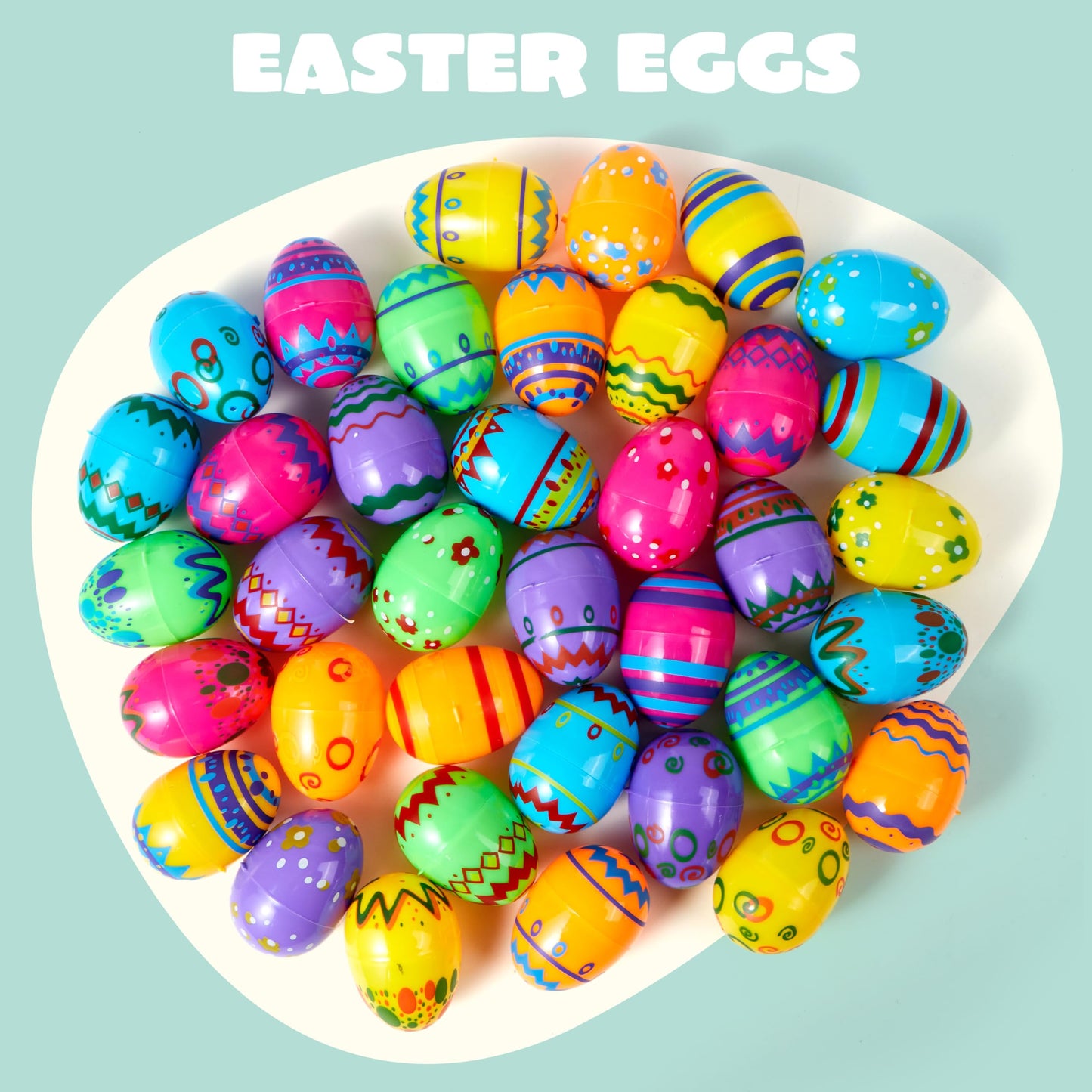 JOYIN 36PCS 2.3" Printed Empty Colorful Plastic Eggs Fillable, Bright Plastic Eggs Bulks for Festival Hunt, Filling Treats, Party Favor, Basket Stuffers, Classroom Prize Supplies