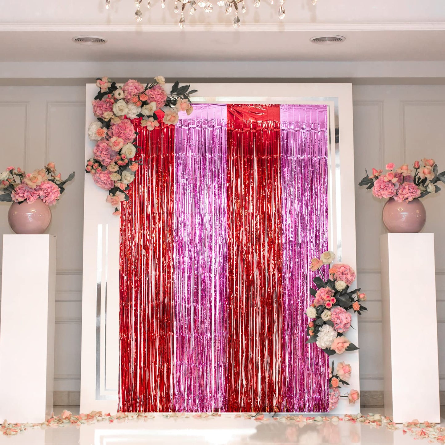 LOLStar 3 Pack Valentines Foil Fringe Curtains Valentine's Day Party Decorations 3.3X6.6 ft Red Pink Tinsel Metallic Photo Booth Props Backdrop Streamers for Valentine's Day Decor Birthday Wedding