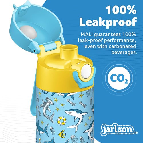 Jarlson® Kids Water Bottle MALI 18oz - Insulated Stainless Steel, Leak-Proof Design for School & Sports - Shark Print