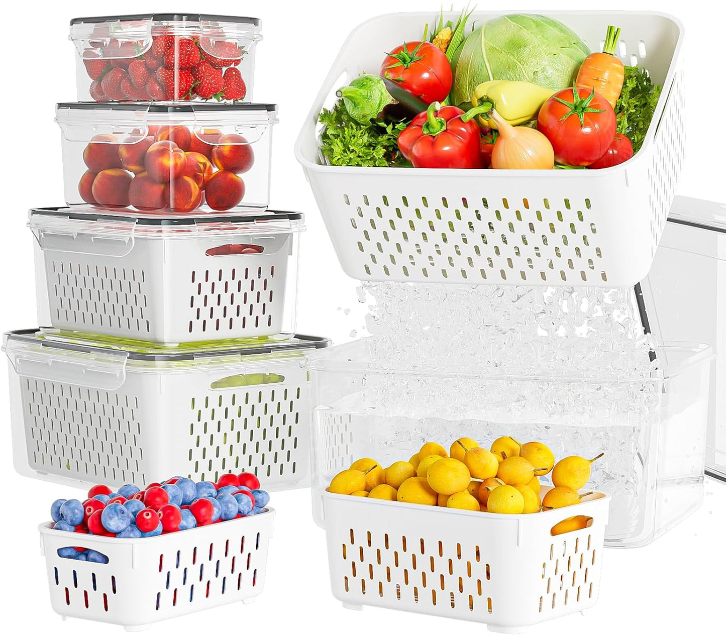 KEMETHY Fruit Storage Containers - 5 Pack BPA-Free with Removable Colanders | Keep Produce Fresh Longer