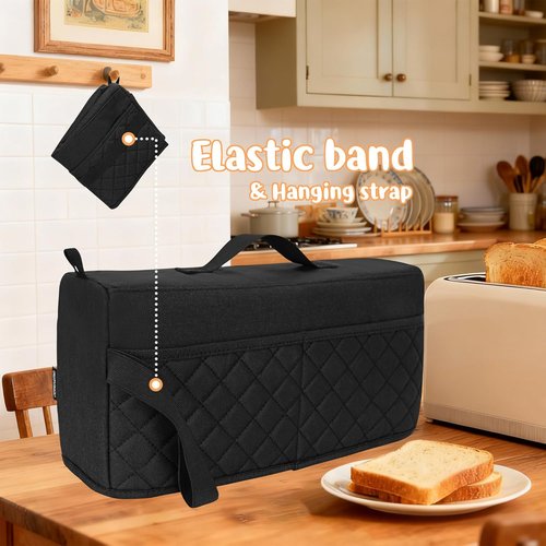CROTIRAD Slim Toaster Dust Cover - Quilted Black with Pockets & Elastic Band for Bella 2-Slice Toaster