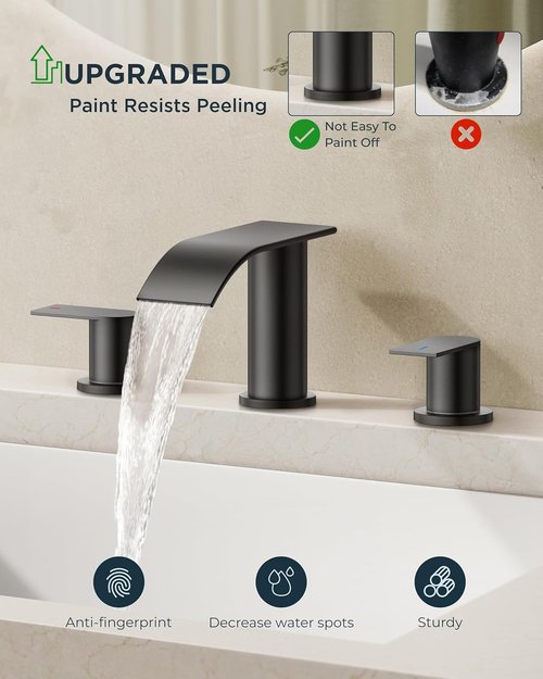 FORIOUS Black Square Bathroom Faucet - Waterfall Design with Metal Pop-Up Drain & Two Handles for Vanity