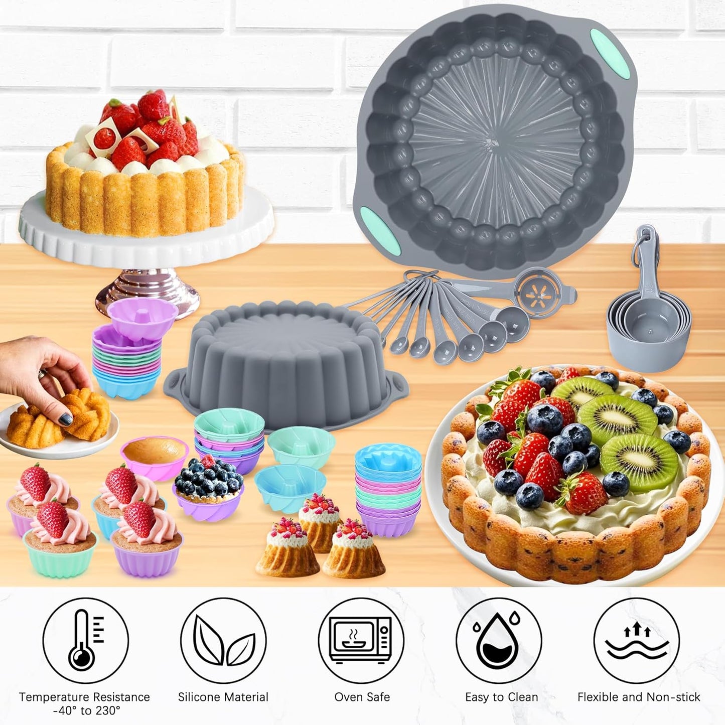 Tongjude Silicone Bakeware Set - 72 Nonstick Baking Pans for Easy Release | Grey Kitchen Essentials
