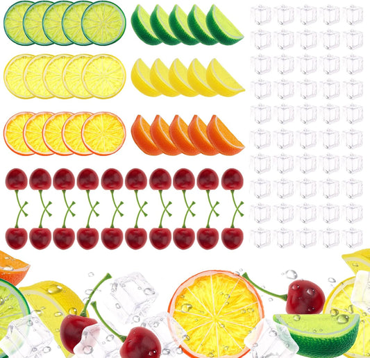 100pcs Artificial Yellow Lemon Slice & Cherry Ice Cube Decorations for Home Party