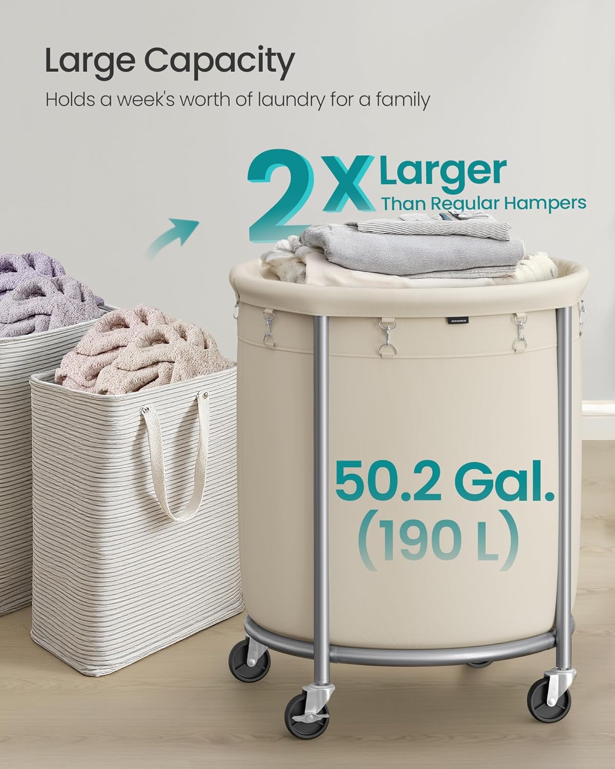 SONGMICS Laundry Basket - 50.2-Gallon Rolling Hamper Cart with Steel Frame & Removable Bag - Cream White & Metallic Silver