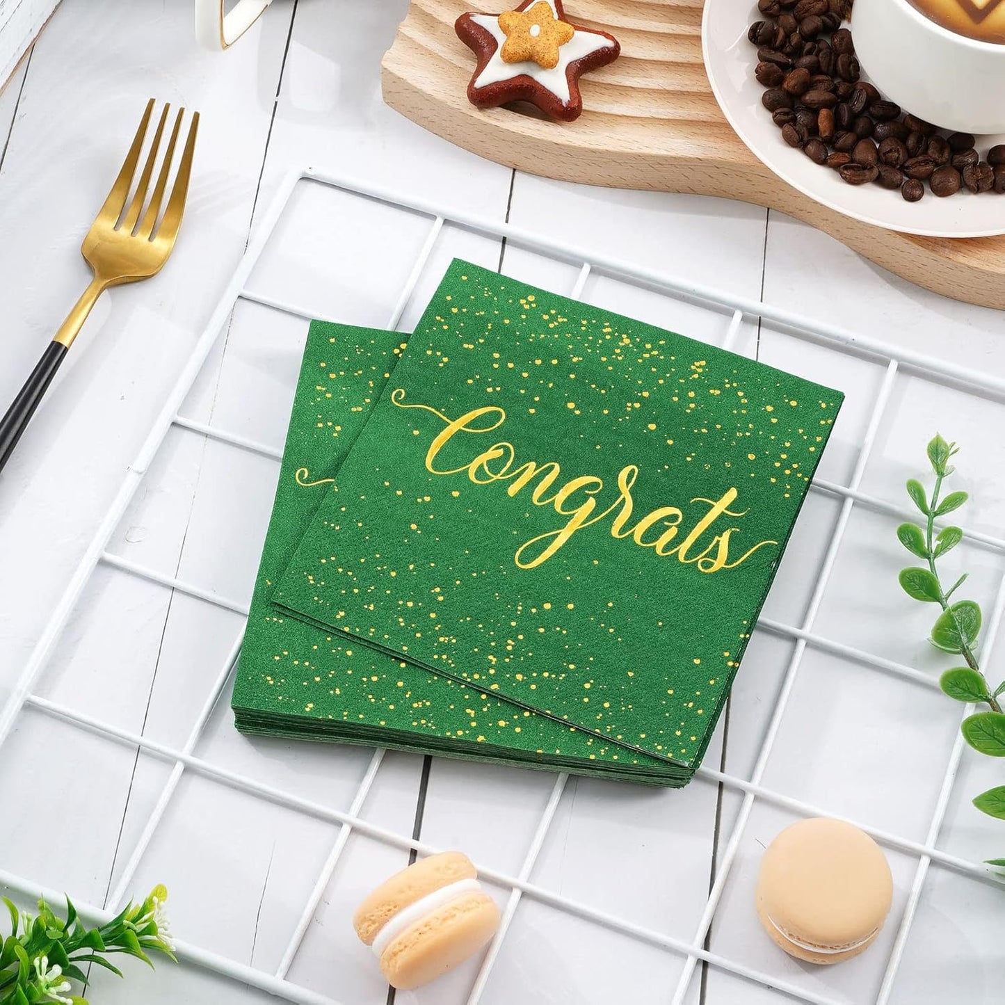 Whaline Graduation Cocktail Napkins - 80 Pack Green & Gold Foil Congrats Design | Disposable Beverage & Dessert Napkins for Grad Party Decor