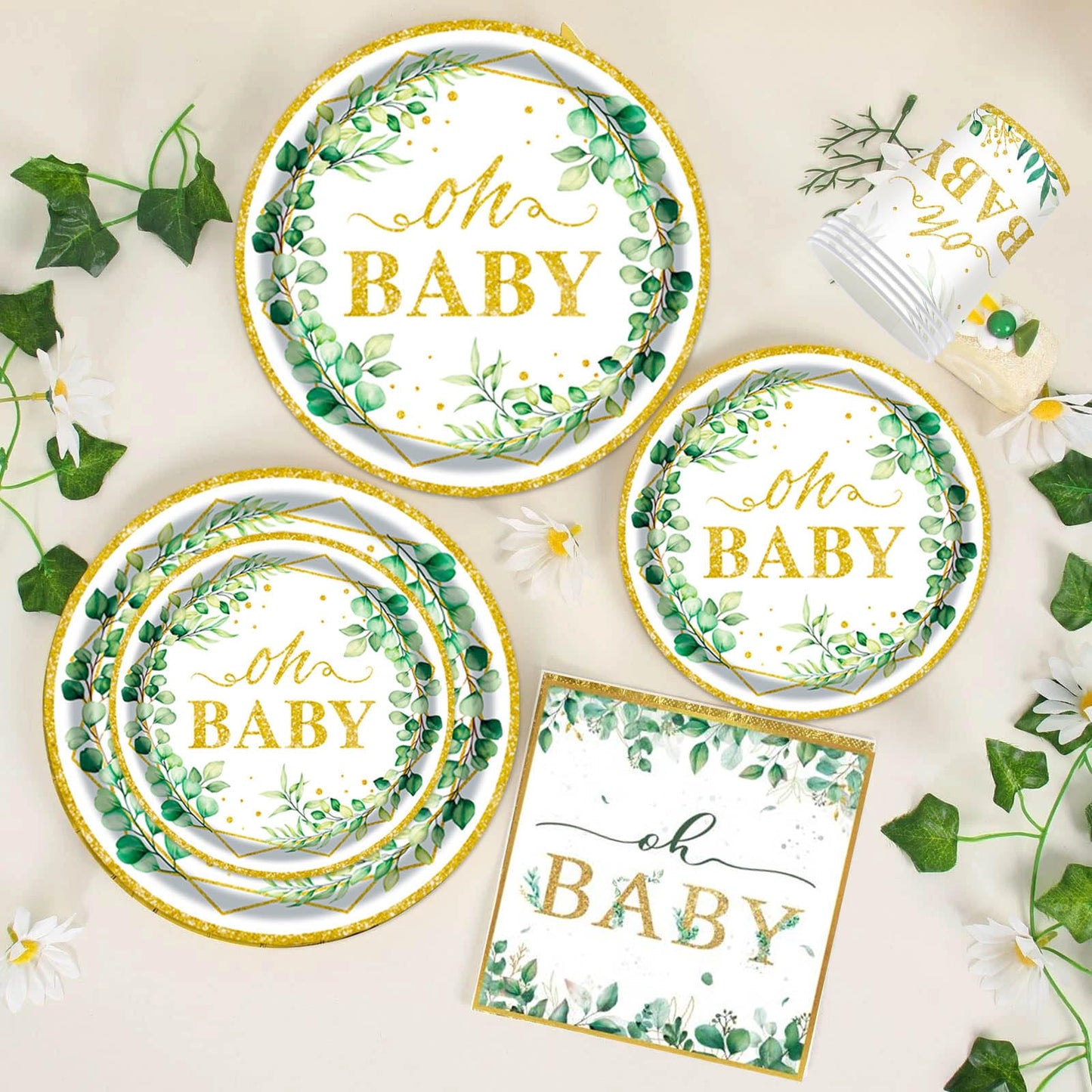 Sage Greenery Baby Shower Plates and Napkins Tableware Set - 175pcs Gender Neutral Baby Shower Decorations Oh Baby Party Supplies, Disposable Paper Plates Napkins for Baby Girl Boy Shower Decorations
