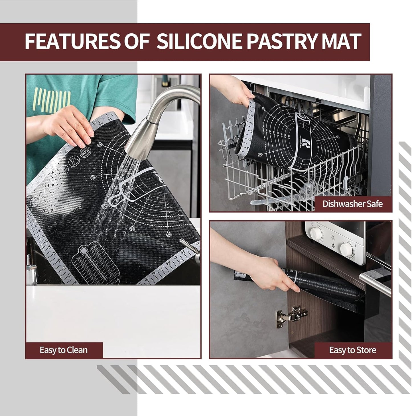Silicone Pastry Mat - Extra Large Non-Slip Baking Mat with Measurements | 26'' x 16'' Translucent Grey