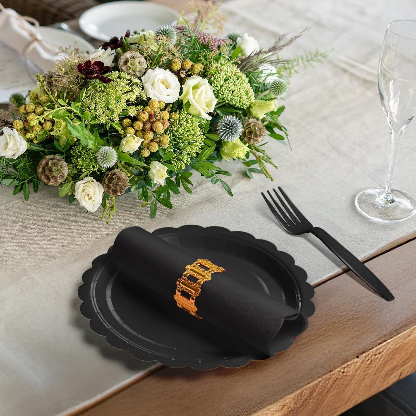 Tyzarglef 105PCS Paper Plates and Napkins Set,7 Inch Scalloped Disposable Tableware with Forks for Birthdays, Garden Parties & Outdoor Events,Serves 35 (Black)