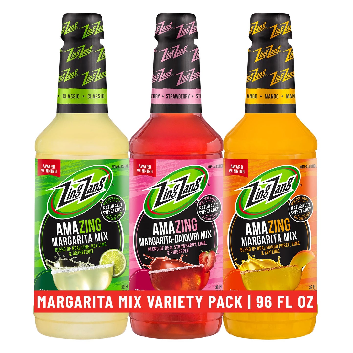 Zing Zang Margarita Mix Variety Pack, Margarita, Strawberry Daiquiri, Mango, Non-Alcoholic Cocktail Mixer, 32 Fl Oz Bottle (Pack of 3)