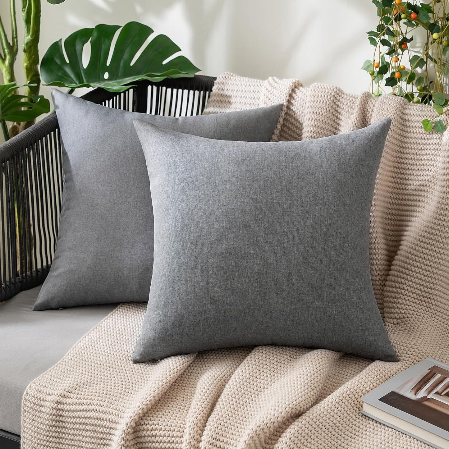 MIULEE Decorative Outdoor Throw Pillow Covers - Waterproof Faux Linen Cushion Cases | 12x12 Inch Light Grey (Pack of 2)