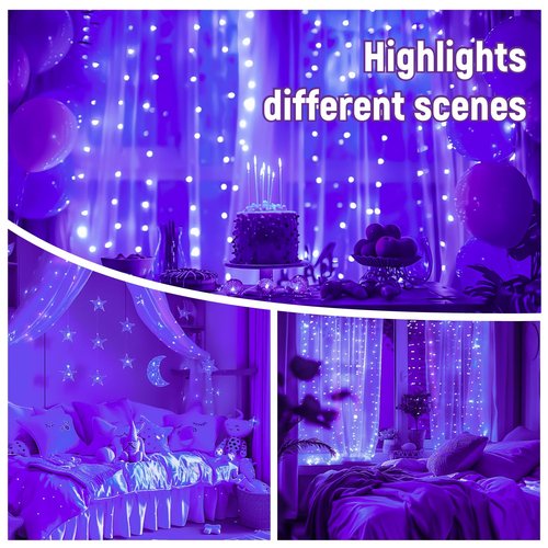 HXWEIYE 300LED Untangled Curtain Lights, 9.8x9.8Ft USB Fairy Twinkle String Lights with Remote and DIY Timer, 8 Modes Window Wall Hanging Light for Bedroom Dorm Backdrop Room Decor, Purple