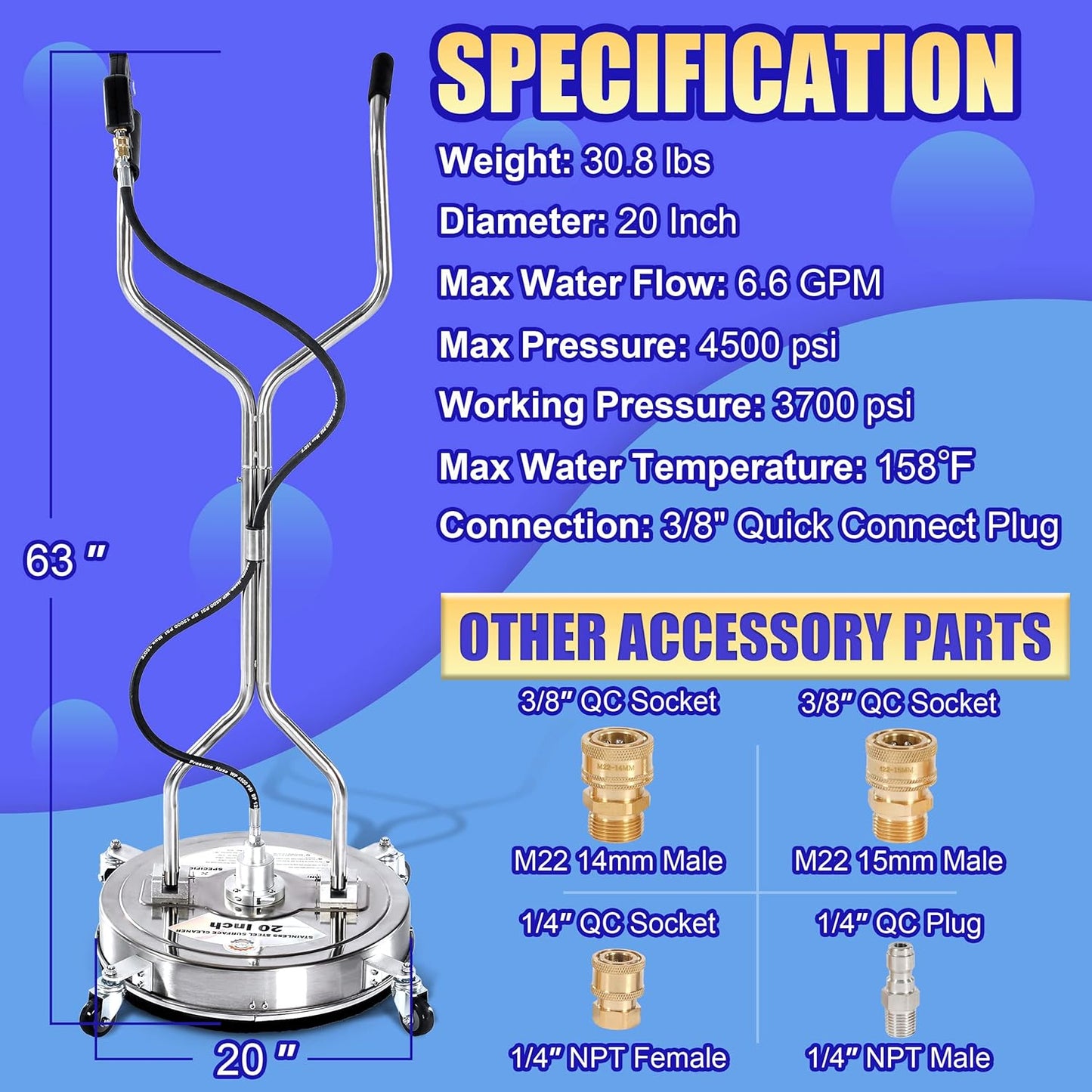 PWACCS 20" Pressure Washer Surface Cleaner - Stainless Steel Power Wash Scrubber with Dual Handle & 4 Wheels for Concrete, Patios, Driveways