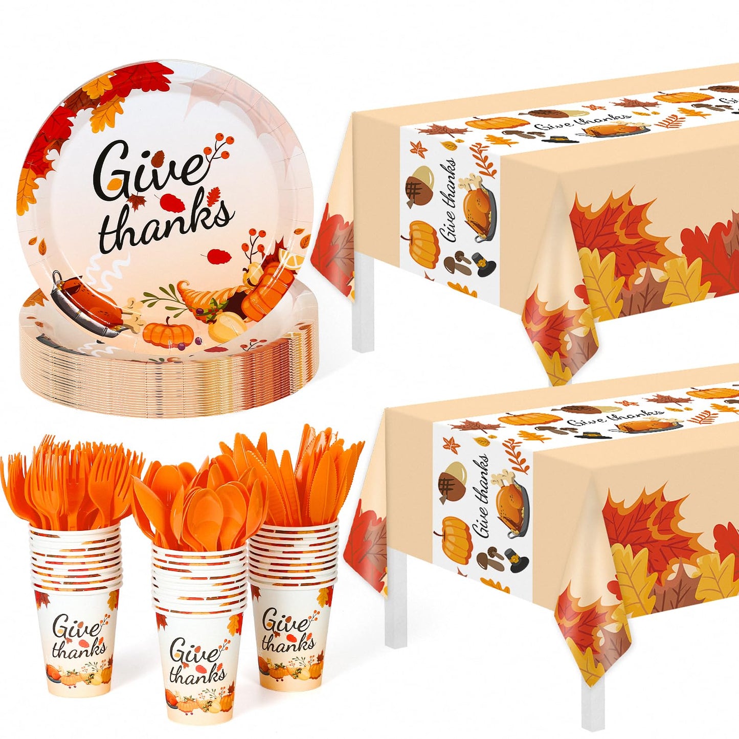 Childom 152Pcs Thanksgiving Plates and Cups,Disposable Thanks Giving Dinnerware Set,Thanksgiving Decorations,Thanks Giving Party Supplies,Give Thanks Tablecloth Plates Cups Forks Knives Spoon,Serve 30