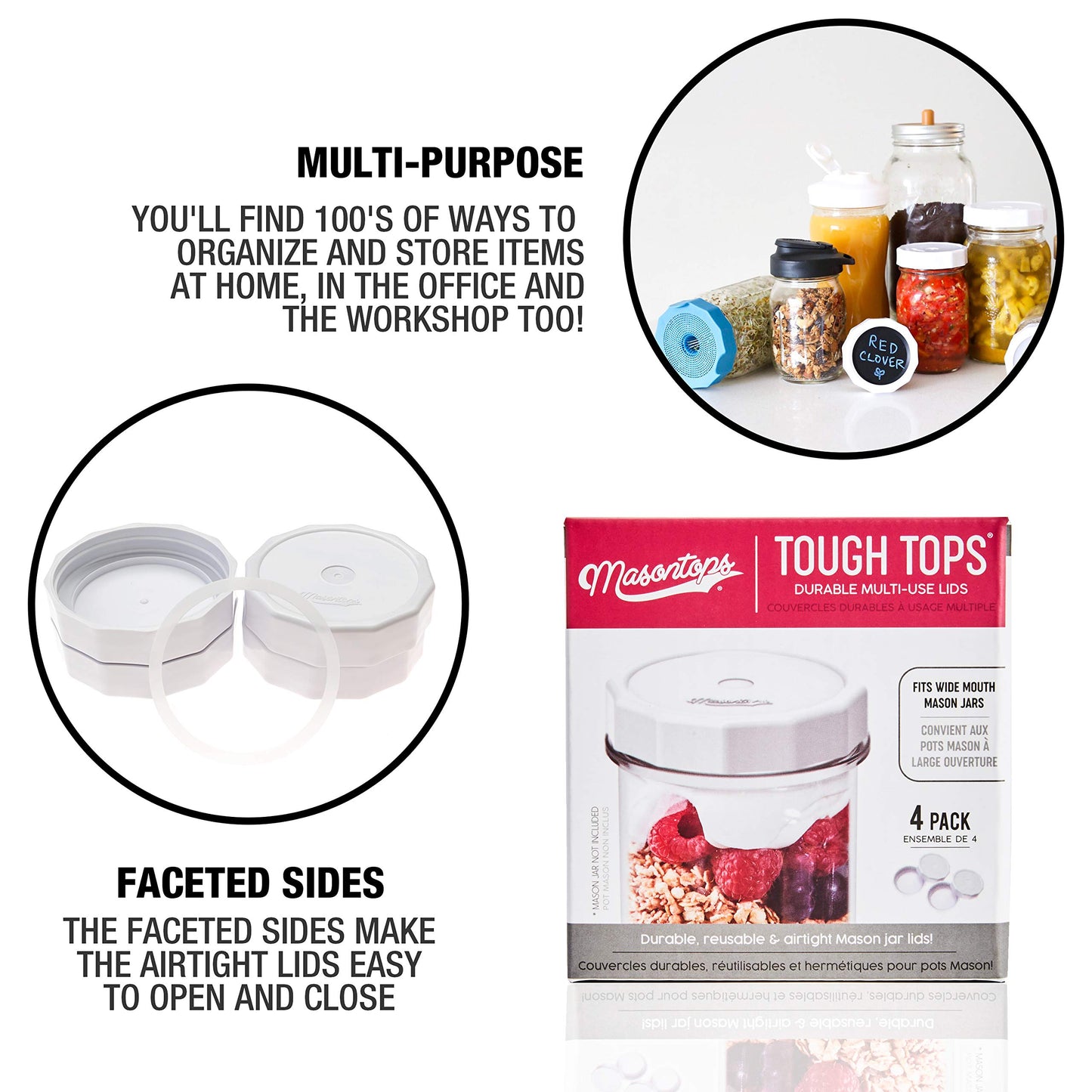 Masontops Tough Tops - Ball Wide Mouth Mason Jar Lids Plastic Leakproof - BPA-Free White Plastic Mason Jar Lids - Reusable Dry Canning Lids fit Ball Jars (Ball Mason Jars not included)