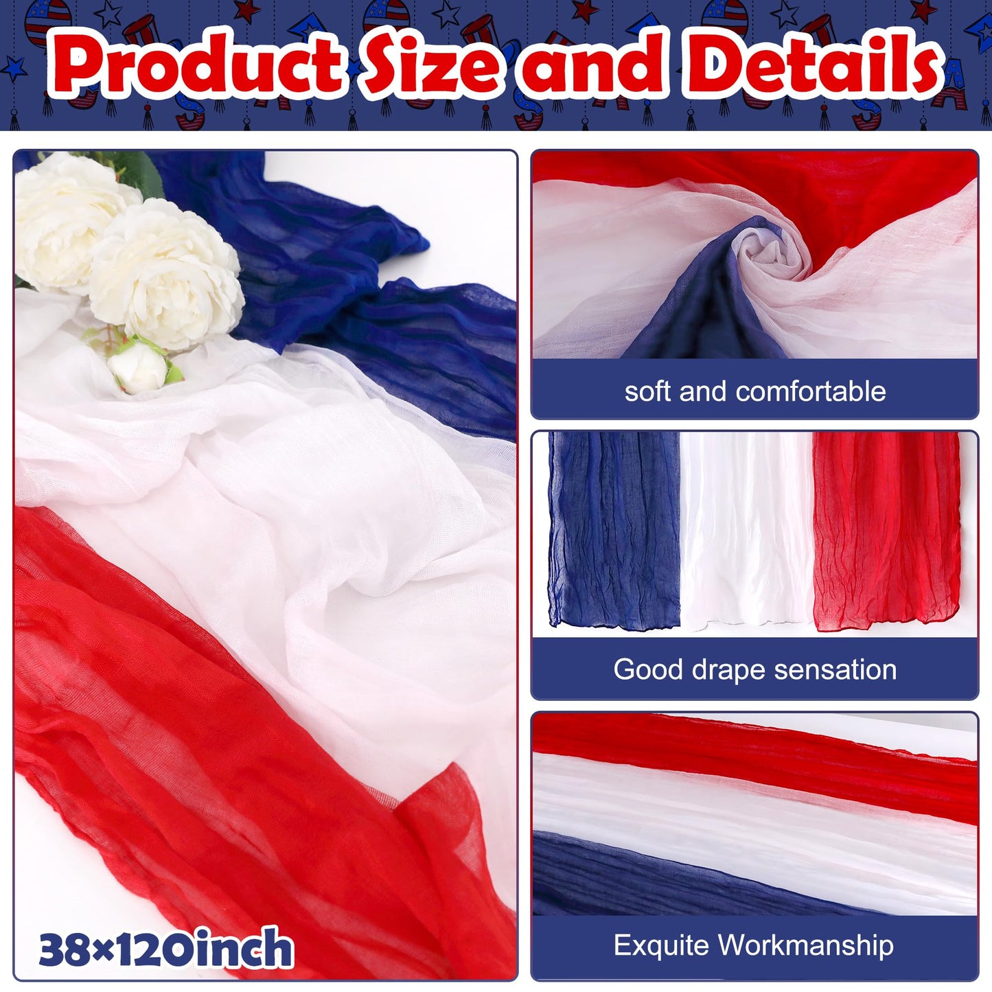 RunNico 2 PCS 4th of July Cheese Cloth Table Runner- 120 x 38 Inch Rustic Red White and Blue Gauze Table Cloth- Patriotic Memorial Day Cheesecloth Table Runners for Independence Day Dining Table Decor